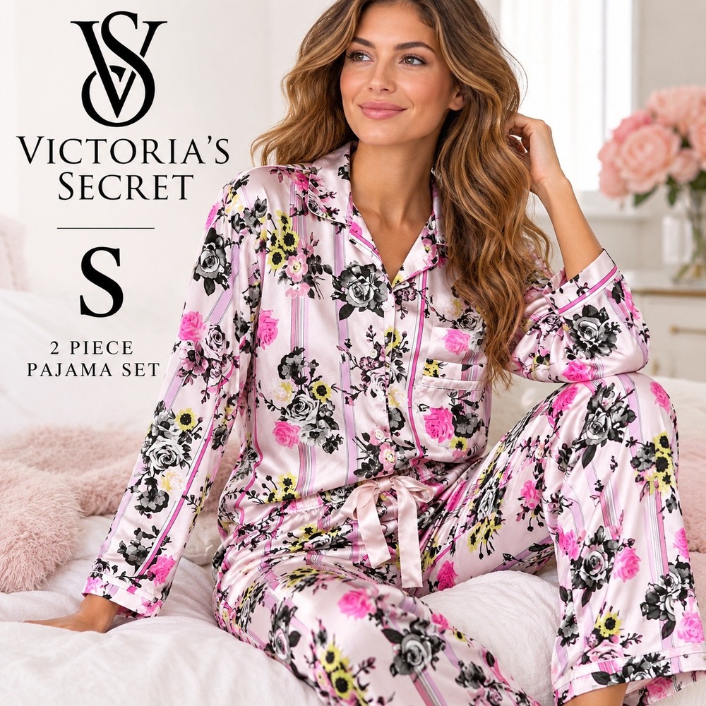 Victoria's Secret Pajama Set Women S Pink Floral Stripe Satin Sleepwear 2 piece